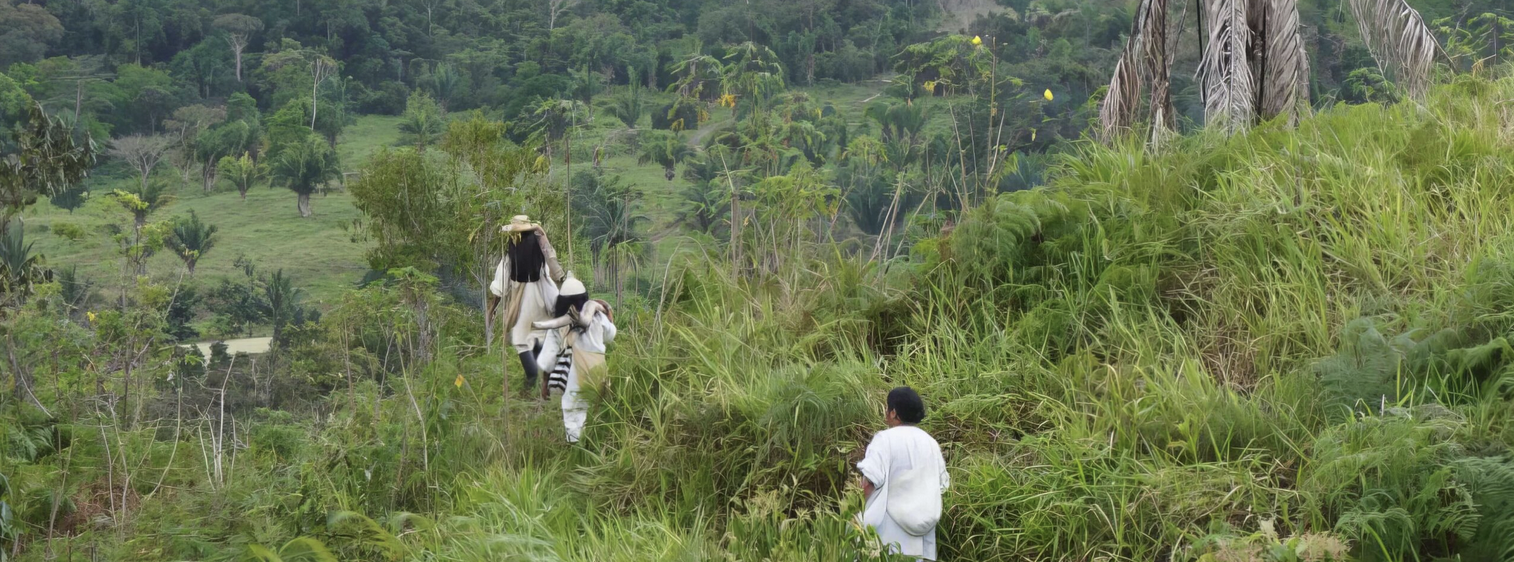 People walking through lush green hillside